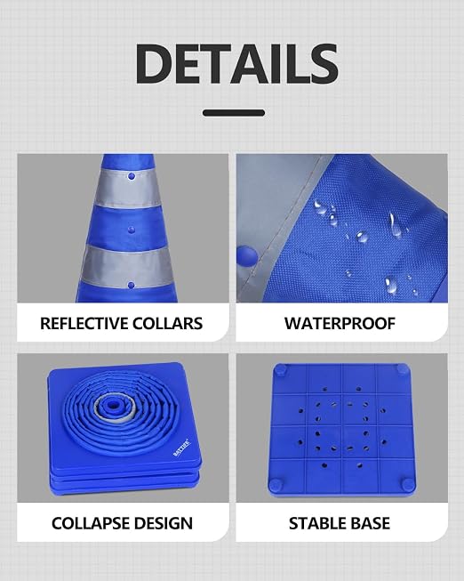 BATTIFE [2 Pack] 28 Inch Collapsible Traffic Safety Cones, Multi Purpose Pop-up Cones and Reflective Collar, for Road Parking, Driving Practice (Blue)