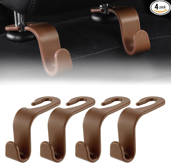 Purse Hook for Car, 4 PCS Car Purse Hook Headrest Hooks, 360° Rotatable Back Seat Storage Organizer, Universal Vehicle Seat Hanger for Purses, Handbags, Grocery Bags, Water Bottles, Brown