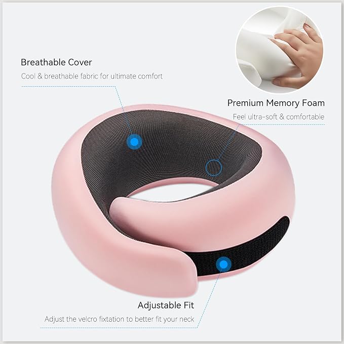Travel Neck Pillow for Airplanes, 100% Pure Memory Foam Travel Pillow with Ergonomic 360° Support, Travel Essentials for Long Flights, Car, Train and Home, Max Pink