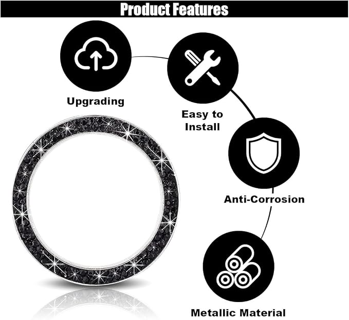 GLSOWEE Car Bling Crystal Rhinestone Engine Start Decoration Ring, Ring Start Button Cover Sticker Key Ignition & Knob Ring Decoration, Bling Car Interior Accessories for Women (Black)