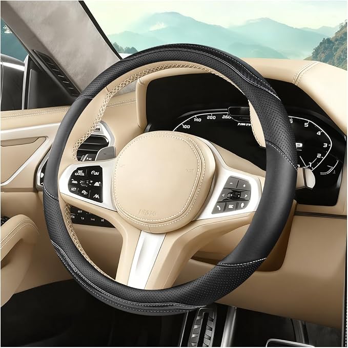 Car Steering Wheel Cover, Carbon Fiber Breathable Vehicle Steering Wheel Cover Wrap with Anti-Slip Lining, Automotive Interior Decorative Accessories, Universal for SUV RV Truck (Black)