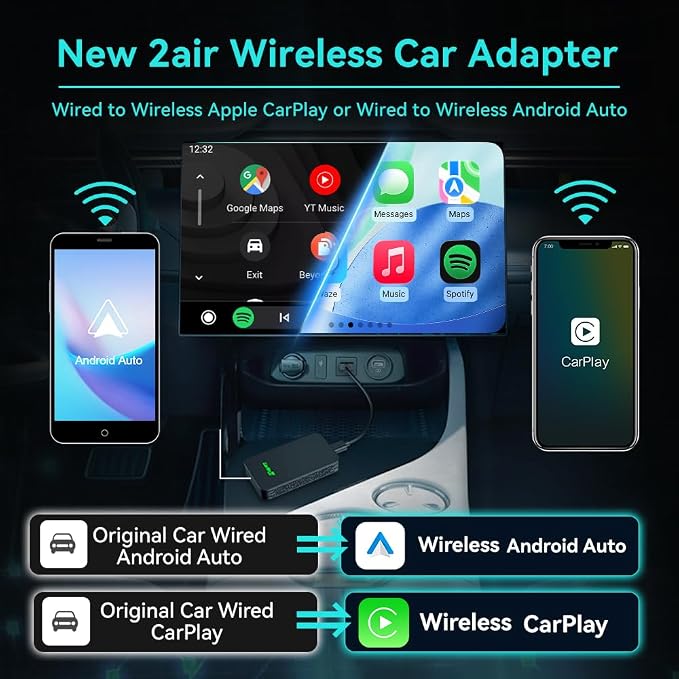 Carlinkit 5.0 2air Wireless car Adapter,CarPlay Dongle for Wired CarPlay and Wired Android Auto Car,for iPhone 6+ and Android 11+,Easy Setup via Plug-in USB Connection,Supports Online Upgrade