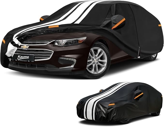 Kayme Heavy Duty Car Cover Custom Fit for Chevrolet Malibu (1978-2026), Outdoor Full Exterior Cover with Tape and Towel, Rain Snow Sun UV Protection.