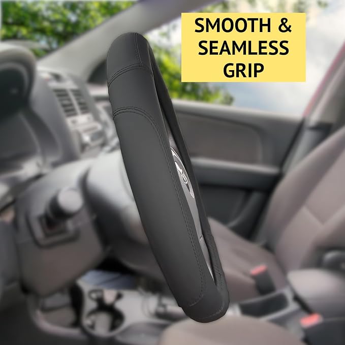 Steering Wheel Cover, Black, Real Genuine Leather, 15 inch, for Men and Women, Universal, Stretch On, Heat Resistant, Stays Cool, Non-Slip, HANWOLF