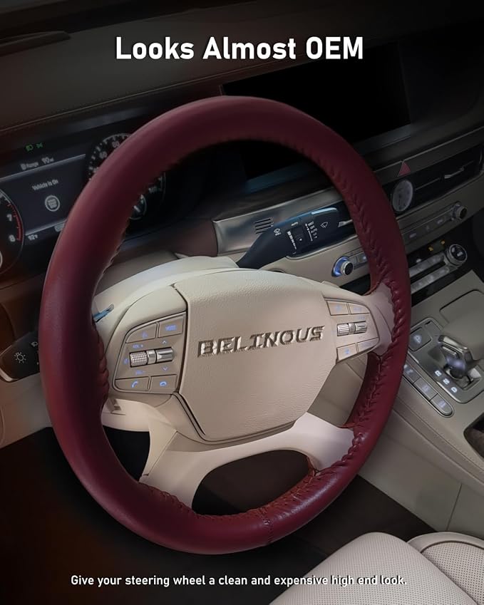 BELINOUS Leather Steering Wheel Cover Lace Up, Stitch on Steering Wheel Wrap, Universal Fit 13-20 Inch Car Truck Pickup Boat, A Whole Piece of Cowhide, DIY w/Needle Thread (Size M3, Wine Red)