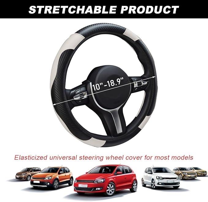 DXNQ Car Steering Wheel Cover, 15 Inch Carbon Fiber Leather Stitching Color Steering Wheel Protector, Anti-Slip Elastic Breathable Steering Wheel Cover Stylish Decor for Most Cars (Black & White)