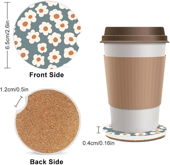 Absorbent Car Cupholder Coaster 2 Pack, Cute Car Coasters with a Finger Notch for Women & Men,2.56" Ceramic Stone & Non-Scratch Cork Base Drink Coasters Car Accessories Gifts (Cute Daisies)