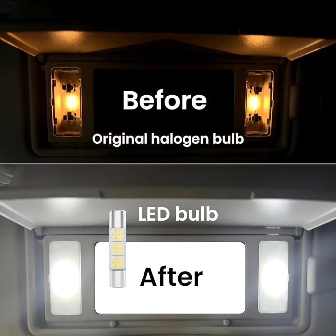 28mm Sun Visor Vanity Mirror Lights 6614F 29mm LED Car Bulb 6000k White Lights 6612F 6641 Fuse Type Bulbs, DC 12V 3SMD 5050 Chips, Pack of 6