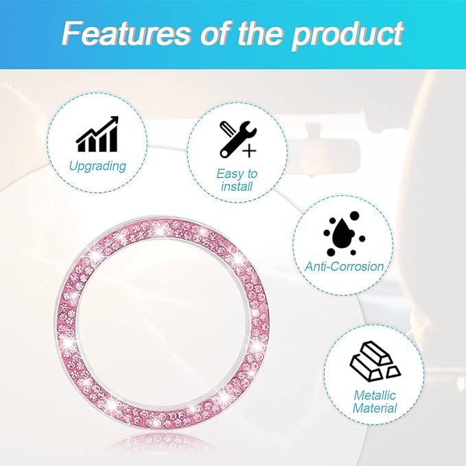 Car Bling Crystal Rhinestone Engine Start Ring Decals, 2 Pack Car Push Start Button Cover/Sticker, Key Ignition Knob Bling Ring, Sparkling Car Interior Accessories for Women (Pink)