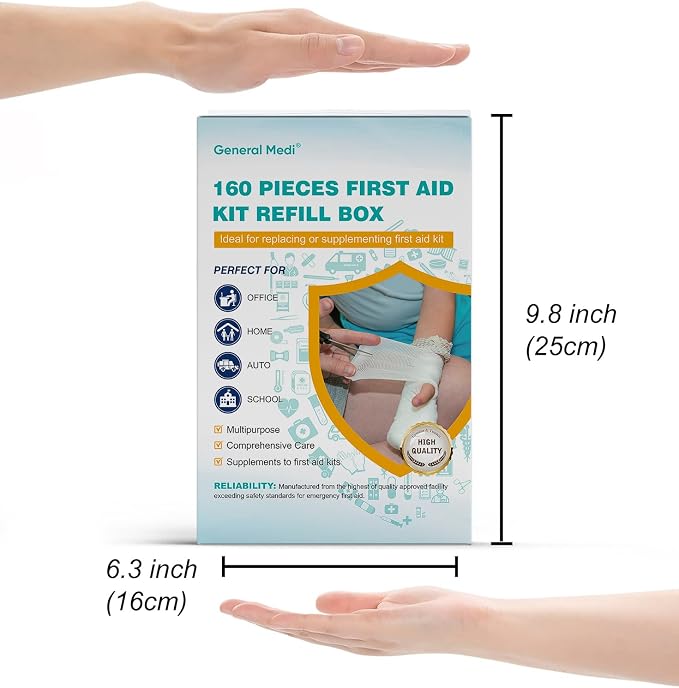 General Medi 160 Piece First Aid Kit Bag Refill Kit - Includes Instant Cold Pack, Bandages,Emergency Blanket, Moleskin Pad, Gauze - Extra Replacement Medical Supplies for First Aid