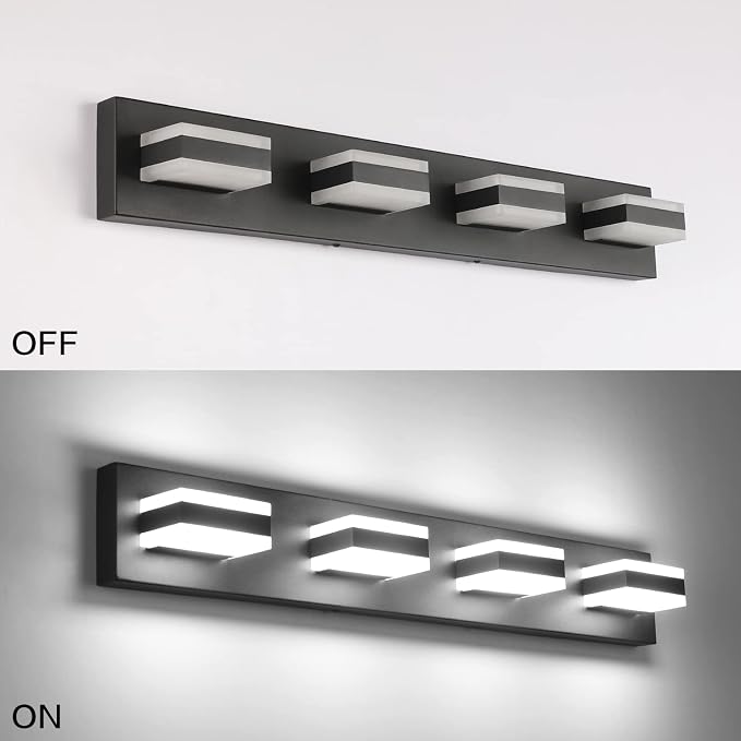 SOLFART Black Bathroom Light Fixtures 4 Lights Bathroom Vanity Light LED Dimmable Matt Black Vanity Lights 32W Cool White 6000K & 0%-100% Brightness Dimmable ETL Listed