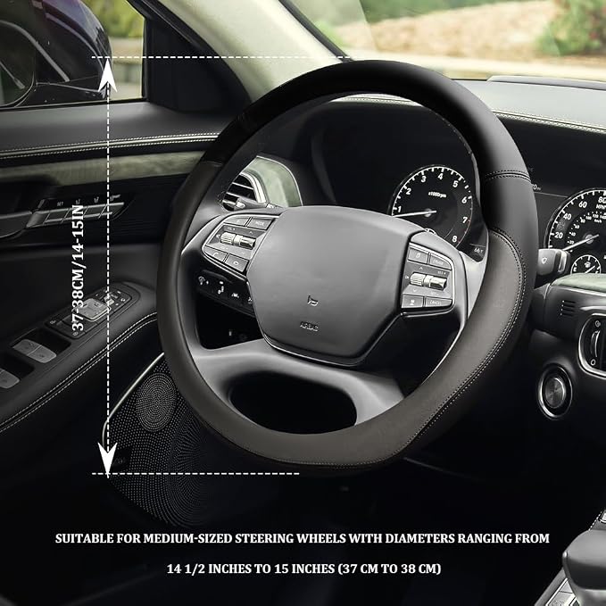 Car Steering Wheel Cover, 15 Inch Napa Leather Car Steering Wheel Protector, Slip-Resistant Elastic Steering Wheel Handle Cover, Universal Interior Accessories for Cars Trucks SUVs (Grey)