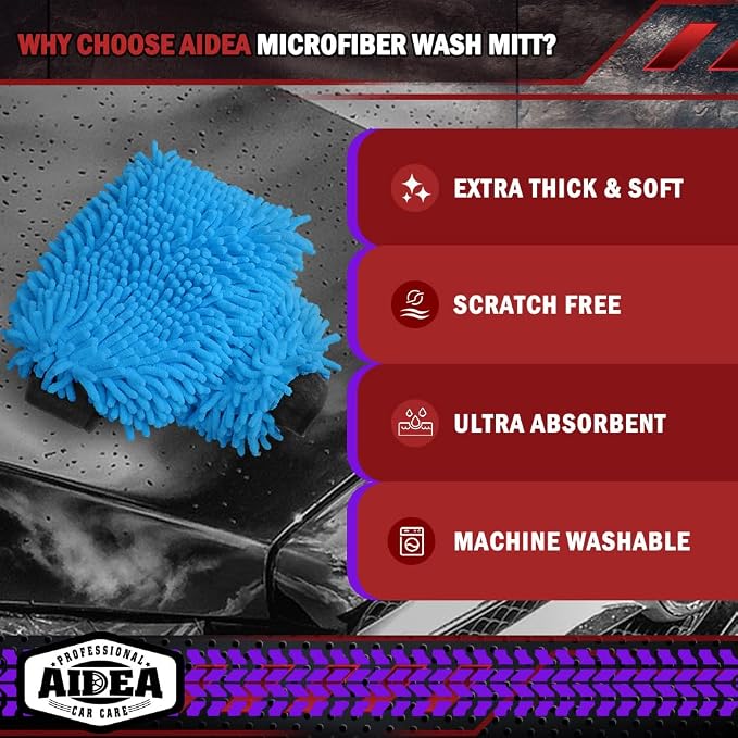 AIDEA Car Wash Mitt Microfiber, 1PK, Car Wash Brush, Blue, 7.12''X10.14'' | Scratch Free Lint-Free Premium Chenille Microfiber Mitt, Cleaning Supplies, Regular Size