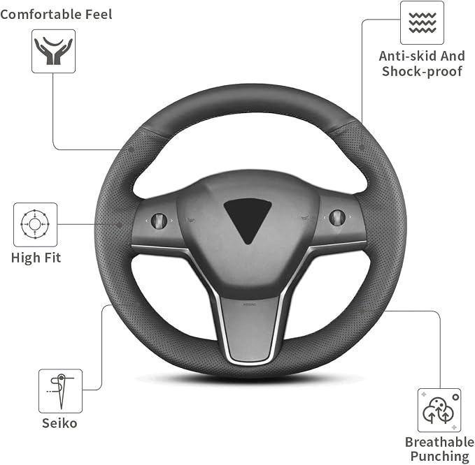 Hand Sewn Steering Wheel Cover,Fit for Tesla Model 3 2017-2023/Model Y 2020-2023,Non-Slip Breathable Microfiber Leather Steering Wheel Cover On Wrap Car Interior Accessories