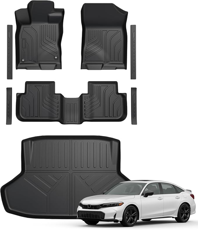 Floor Mats for Honda Civic Sedan 2022-2026, All Weather Floor Mats Trunk Cargo Liner and Door Sill Guards Accessories, Full Coverage Set (Gas Only, Not fit Manual)