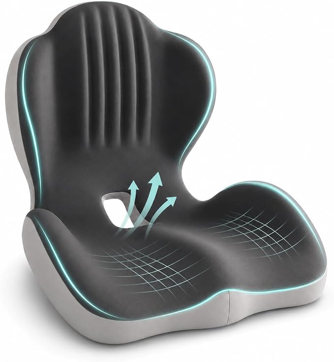 Saker Ergonomic Memory Foam Seat Cushion with Back Support, 2-in-1 Coccyx Cutout Chair Pad for Office, Car, Gaming Chair and Wheelchair, Contoured Lumbar Support for Long Sitting (Black)