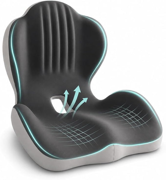Saker Ergonomic Memory Foam Seat Cushion with Back Support, 2-in-1 Coccyx Cutout Chair Pad for Office, Car, Gaming Chair and Wheelchair, Contoured Lumbar Support for Long Sitting (Black)