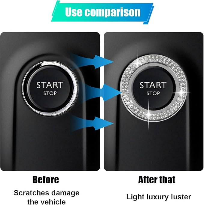 Car Bling Crystal Rhinestone Engine Start Decoration Ring, Ring Start Button Cover Sticker Key Ignition & Knob Ring Decoration, Bling Car Interior Accessories for Women (White)