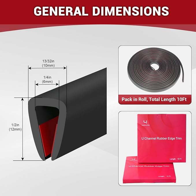Rubber Edge Trim, 1/4"(6mm) Self Adhesive Flexible U Channel Edge Protecter for Sheet Metal, Glass, Flexiglass and Plywood, Fit for 7/32"-9/32" Width Edge, Black Color, 10Ft, EPDM Material