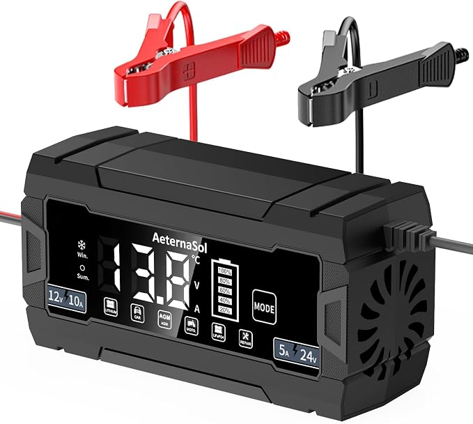 10A Smart Battery Charger 12V/24V, 10-Stage Car Battery Charger Automotive, Trickle Charger Maintainer with Pulse Repair for Truck, Motorcycle, Battery Desulfator with Temperature Compensation (Black)
