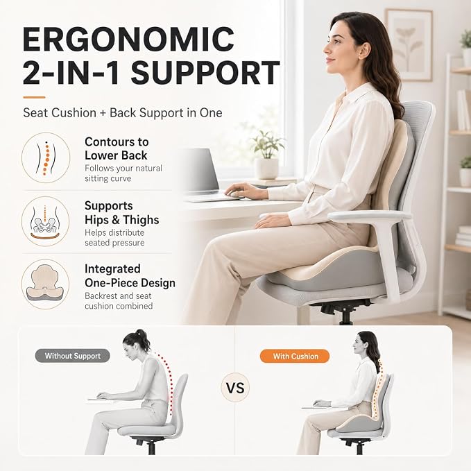 Saker Ergonomic Memory Foam Seat Cushion with Back Support, 2-in-1 Coccyx Cutout Chair Pad for Office, Car, Gaming Chair and Wheelchair, Contoured Lumbar Support for Long Sitting (Pink)