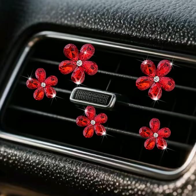 Zpana Bling Daisy Flower Car Air Vent Clips, 5PCS Sparkling Crystal Rhinestone Cute Vehicle Air Conditioning Clamp, Diamond Auto Air Outlet Clip Decor for Women Girls, Universal Fit (Red)