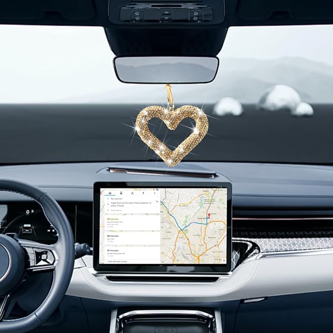 Mandark Bling Heart Car Hanging Accessories, Crystal Rhinestone Vehicle Rear View Mirror Charm Pendant Ornaments, Cute Diamond Auto Interior Hanger Decoration for Women Girls（Golden）
