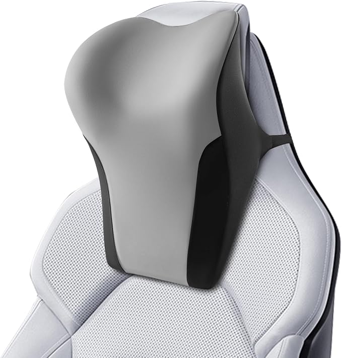 BABUR Car Headrest Pillow, Ergonomic Neck Support for Driving Seat 1 Pcs | Gray,100% Memory Foam,Universal Fit,Softness,Adjustable Strap,Breathable Removable Cover,Car Rest Pillow for Pain Relief