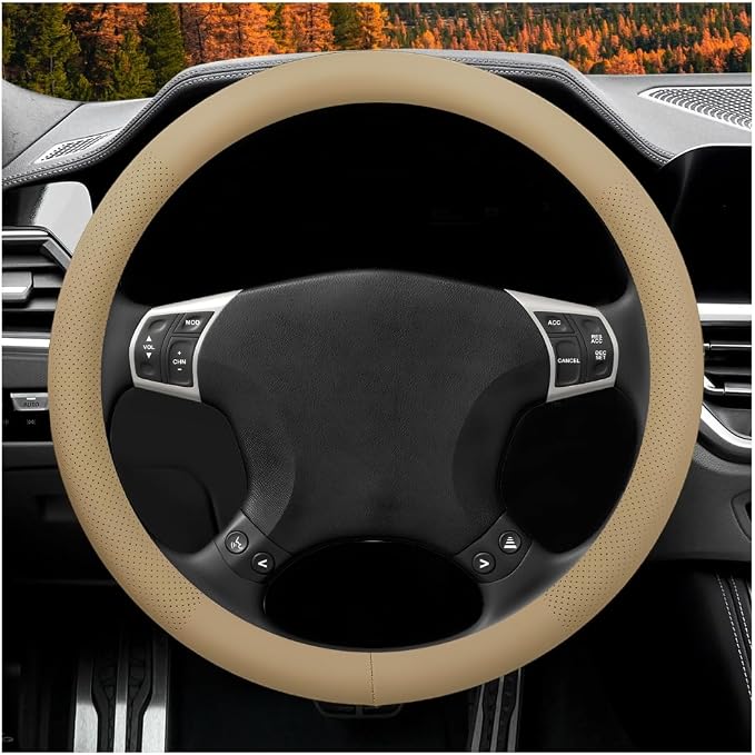 Car Steering Wheel Cover, 15" Breathable Leather Auto Wheel Protector with Comfortable Grip, Non-Slip Perforated Steering Wheel Protective Cover for SUV Truck Sedan Van (Beige)