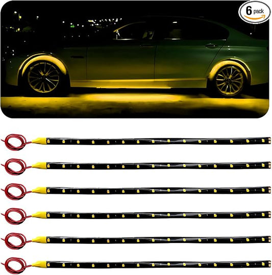 Wevdn 6 PCS 15 LED Strip Underbody Light, DC 12V 1Ft Flexible Underglow Car LED Light Strip with 6 Inch Wire, Waterproof LED Interior Exterior Decoration for Car Truck Motorcycle (Yellow)