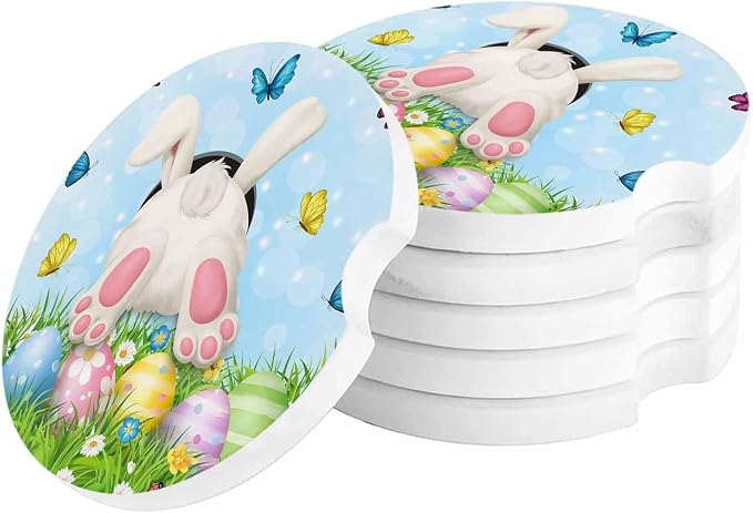 Small Car Coasters for Cup Holders 2.6" Dia Absorbent Coasters Set of 2 Car Interior Accessories for Women Men Watercolor Easter Bunny Butt in Grass Ceramic Car Coaster for Drinks with Finger Grooves