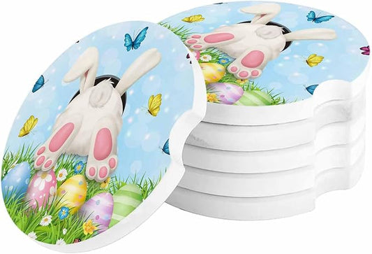 Small Car Coasters for Cup Holders 2.6" Dia Absorbent Coasters Set of 6 Car Interior Accessories for Women Men Watercolor Easter Bunny Butt in Grass Ceramic Car Coaster for Drinks with Finger Grooves