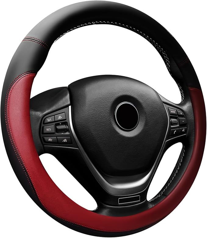 Car Steering Wheel Cover, 15 Inch Napa Leather Car Steering Wheel Protector, Slip-Resistant Elastic Steering Wheel Handle Cover, Universal Interior Accessories for Cars Trucks SUVs (Wine Red)