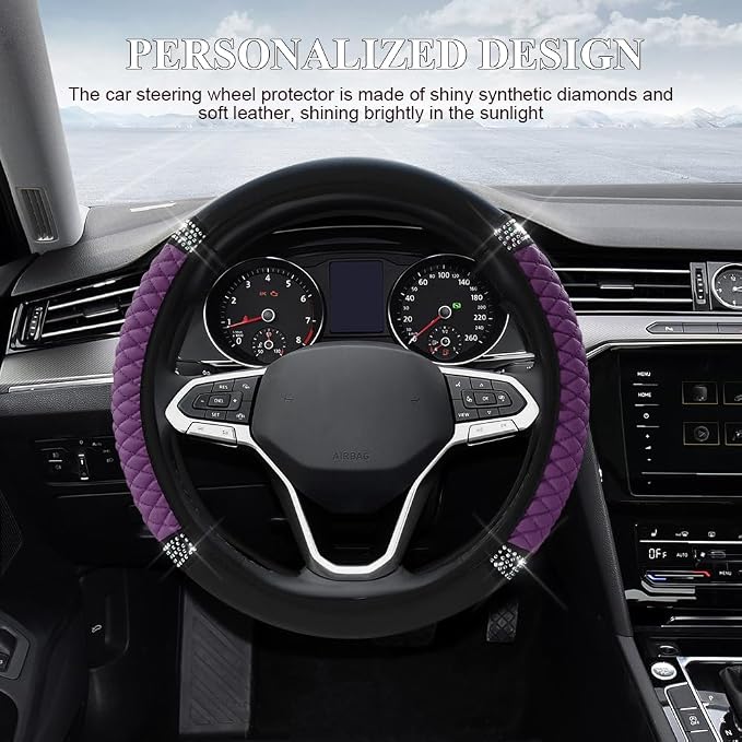 Bling Soft Leather Steering Wheel Cover, 15 Inch Colorful Rhinestones Auto Elastic Steering Wheel Protector for Women Girls, Car Accessories Anti Slip Steering Wheel Cover for Cars, SUVs (Purple)