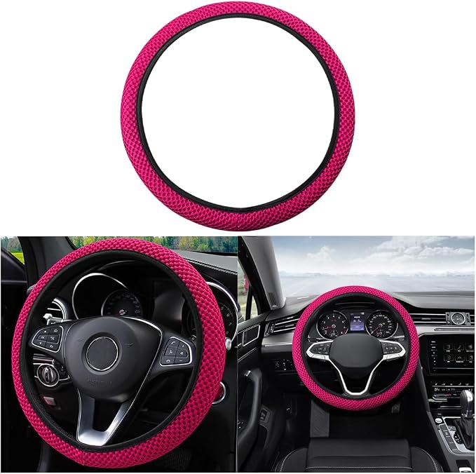 Moly Magnolia Elastic Stretch Steering Wheel Cover, Universal 15 Inch Automotive Steering Wheel Cover, Microfiber Breathable Anti-Slip Odorless Ice Silk, Warm in Winter Cool in Summer (Rose Red)