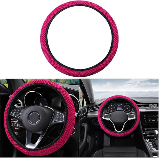 Moly Magnolia Elastic Stretch Steering Wheel Cover, Universal 15 Inch Automotive Steering Wheel Cover, Microfiber Breathable Anti-Slip Odorless Ice Silk, Warm in Winter Cool in Summer (Rose Red)