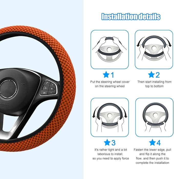 Car Elastic Stretch Steering Wheel Cover, 14.5-15" Breathable Ice Silk Anti-Slip Vehicle Steering Wheel Protector, Comfy Auto Interior Protection Accessories, Universal Fit (Orange)