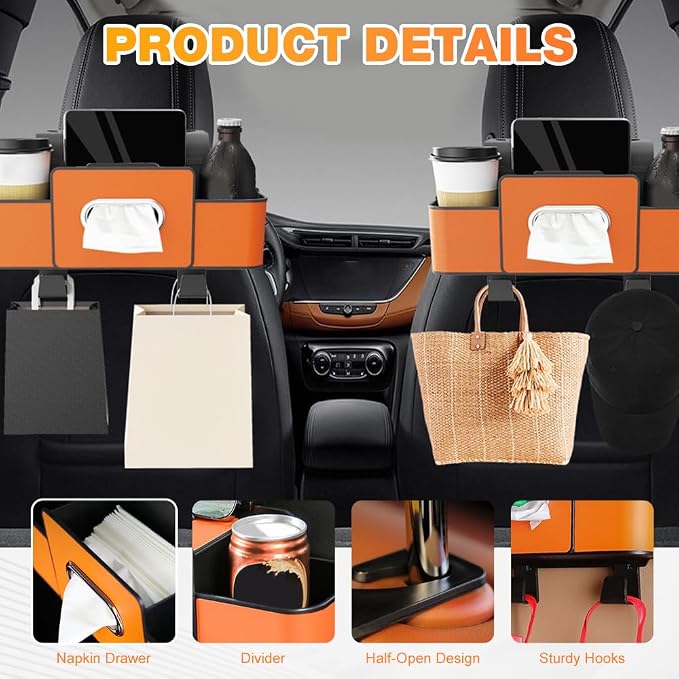 3-in-1 Car Backseat Organizer with Cup Holder, Tissue Box, Trash Bin & Hooks,Multifunctional Back Seat Car Organizer for Hold Phones,Snacks,Drinks,and Handbags (Brown)