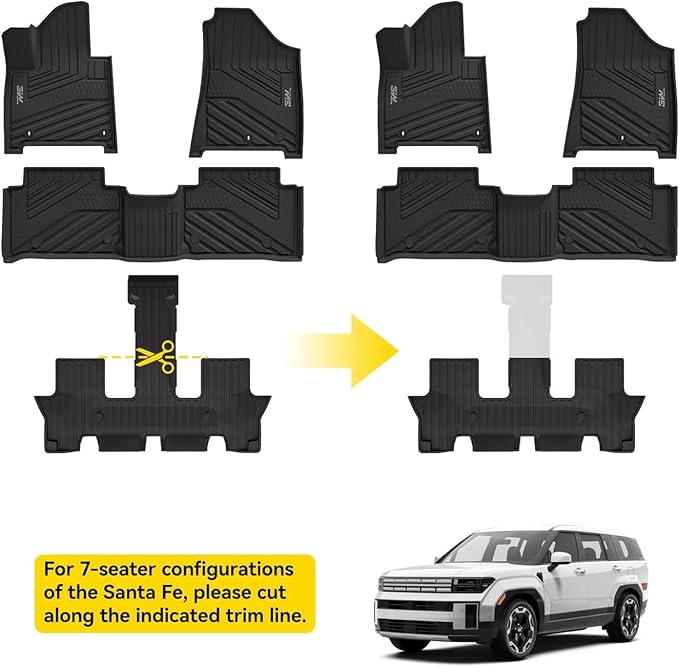 3W Hyundai Santa Fe Floor Mats Fit for 2024 2025 2026 6&7 Seats (Not for Hybrid), TPE All Weather Floor Liner for Hyundai Santa Fe SE/SEL/XRT/Limited/Calligraphy, Anti-Slip 1st & 2nd Rows