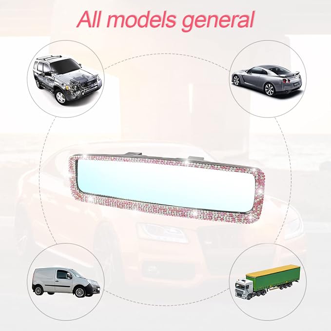 Car Bling Rearview Mirror, Rhinestones Crystal Diamonds Rear View Mirrors with HD Glass, Universal Clip-on Rear View Mirrors for Cars, Vehicles, SUVs, Car Accessories for Women Girls (Pink)