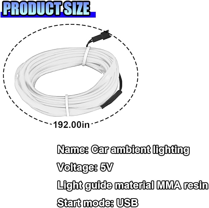ZIMISI EL Wire Car Interior LED Strip Lights, Neon Light Strip (White) | 5V 16FT Car Ambient Lighting Decorations with Sewing Edge, USB Electroluminescent Car Interior Lights with Fuse Protection