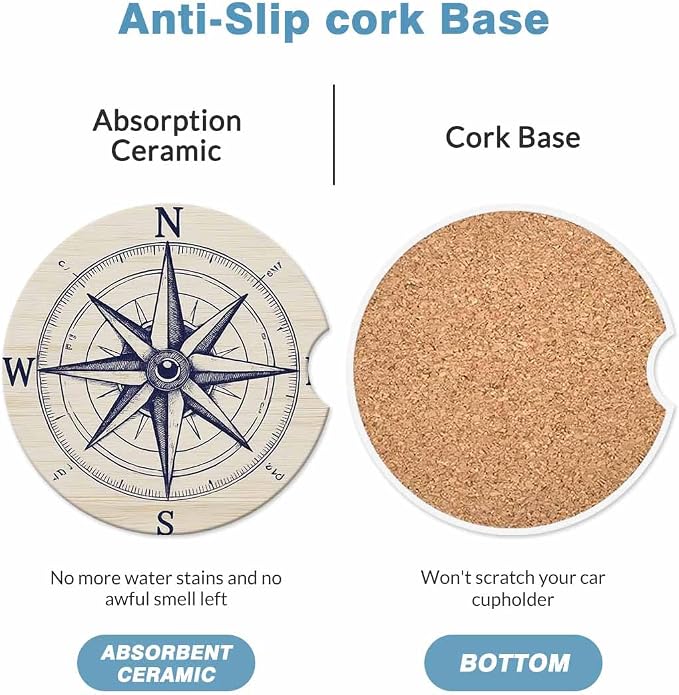 Compass Wind Rose 2 Pack Car Cup Holder Coaster Anti Slip Insert Absorbent Ceramic Car Coaster with Cork Base and Finger Notch Cute Car Accessories Interior for Women Men