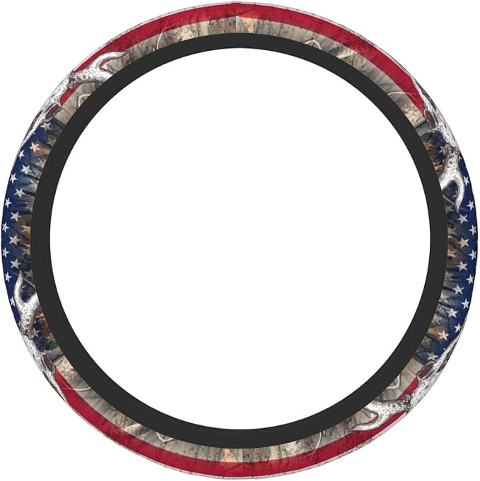Camo Us Flag Deer Elastic Steering Wheel Cover Non-Slip Breathable Steering Wheel Protector Fit Auto, SUVs, Truck