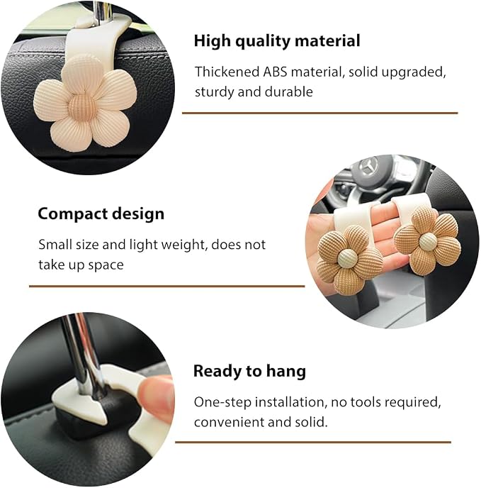 4 PCS Car Seat Headrest Hooks, Cute Flower Car Seat Back Organizer Bag Holder Hooks, Automotive Seat Hook Hanger Storage Organizer for Purse Cloth Grocery Bags, Car Accessories (White)