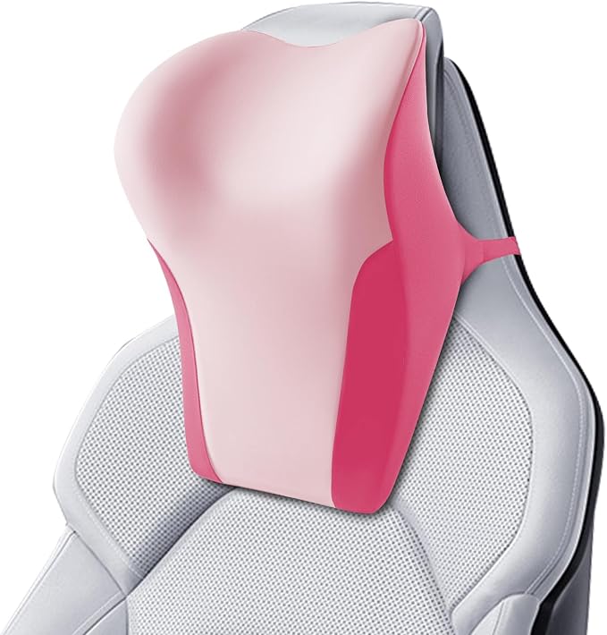 BABUR Car Headrest Pillow, Ergonomic Neck Support for Driving Seat 1 Pcs | Pink,100% Memory Foam,Universal Fit,Softness,Adjustable Strap,Breathable Removable Cover,Car Rest Pillow for Pain Relief