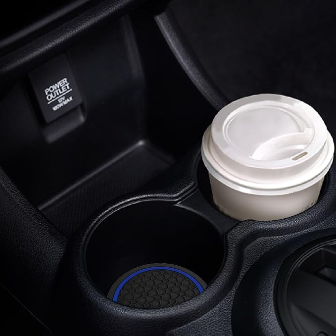 Car Cup Holder Coasters, Dustproof Automotive Interior Accessories Mat,2.75 Inch Non-Slip Insert Water Bottle Holder Pads, Universal for Vehicles, Trucks, RVs and More (Black/Blue, 4PCS)