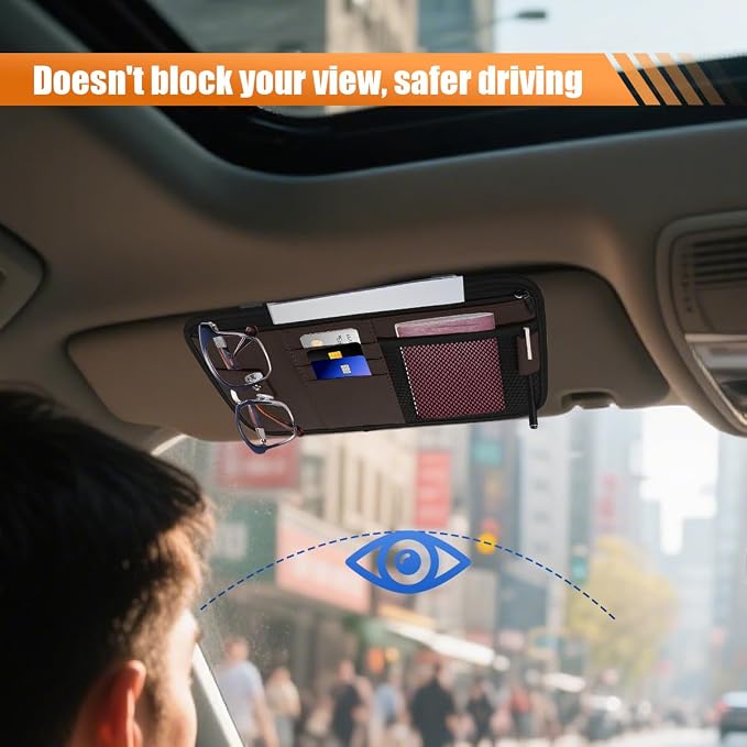 Car Sun Visor Organizer, PU Leather Automotive Visor Storage Pouch Holder with Multi-Pocket, Vehicle Interior Organizer Accessories for Sunglasses, Pen, Key, Phone, Cards, License(Brown)