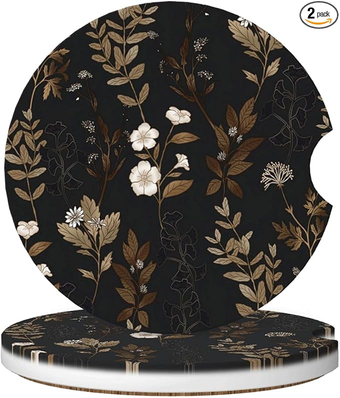 Ceramic Car Cup Coasters 2PCS - Little White Flower | with Cork Back & Finger Slot, Anti-Slip Shock Absorbing, Universal Car Interior Accessories for Men Women