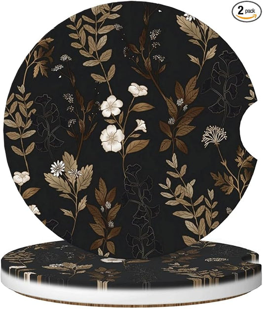 Ceramic Car Cup Coasters 2PCS - Little White Flower | with Cork Back & Finger Slot, Anti-Slip Shock Absorbing, Universal Car Interior Accessories for Men Women