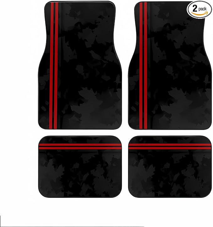 Universal Fit Car Floor Mats Set of 4Pcs, Red Background Black Bars All-Weather Front Rear Car Carpet Mats, Non-Slip Car Floor Mat Car Accessories for Automotive Trucks SUV Sedans Vans